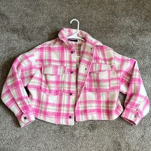 Zara Pink and White Plaid Teddy Jacket